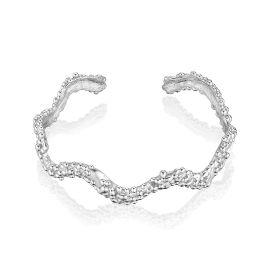 The Sculptural Wave Cuff | Textured Minimalist 925 Silver & 14K Gold