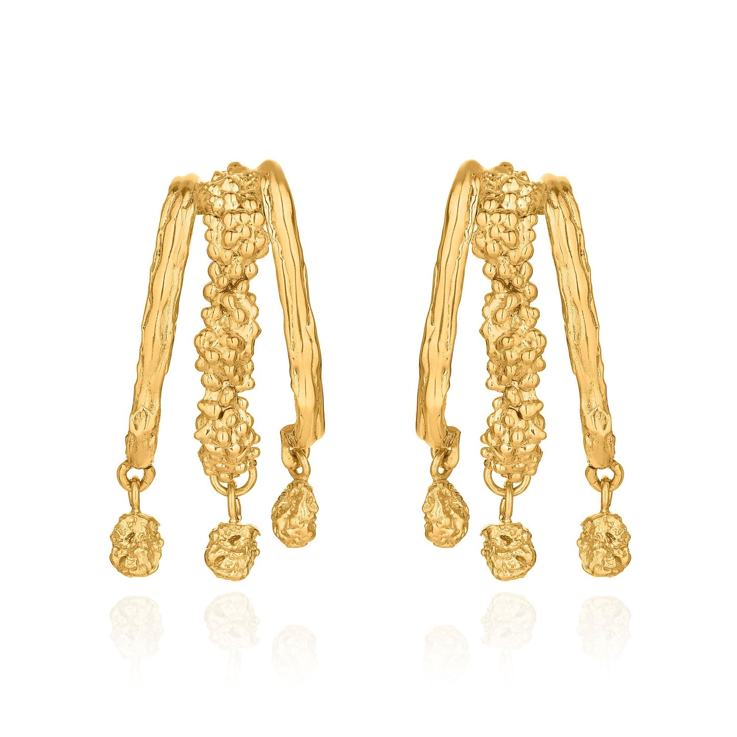 Artisan 14K gold plated triple branch earrings by Rawan Kanan, 1-micron plating over 925 sterling silver with granulated texture.