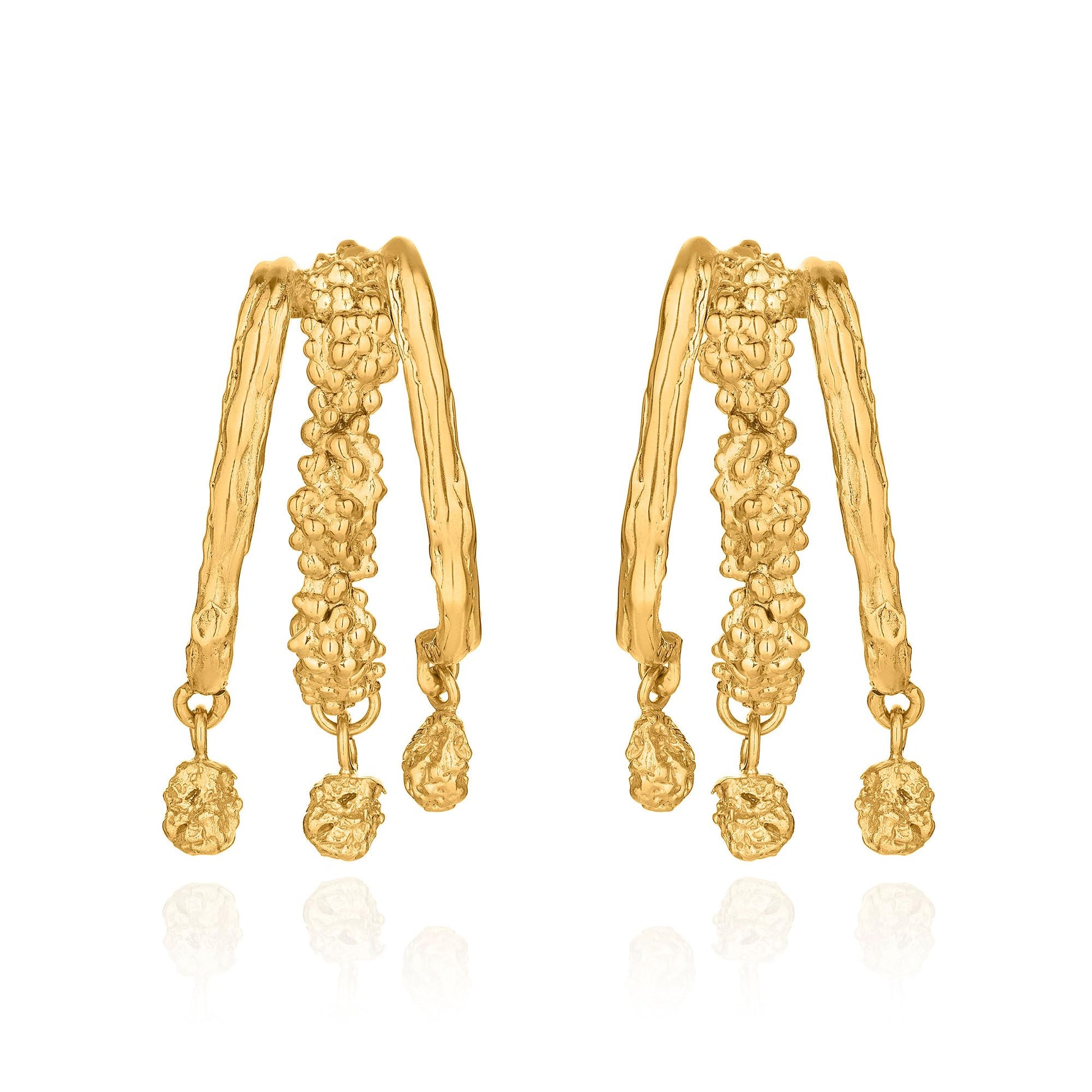 Artisan 14K gold plated triple branch earrings by Rawan Kanan, 1-micron plating over 925 sterling silver with granulated texture.