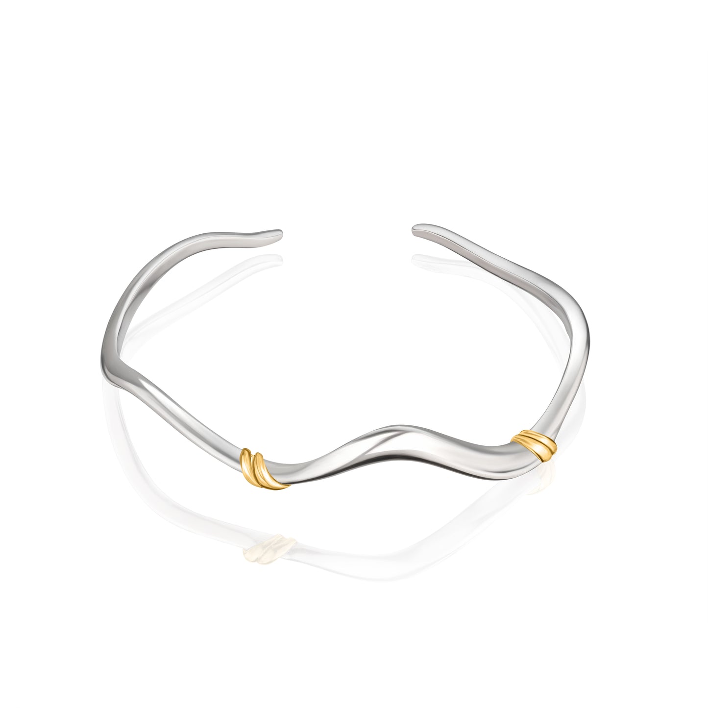 Dainty minimalist wave cuff bracelet in 925 sterling silver with 14k gold accents by Rawan Kanan jewelry.