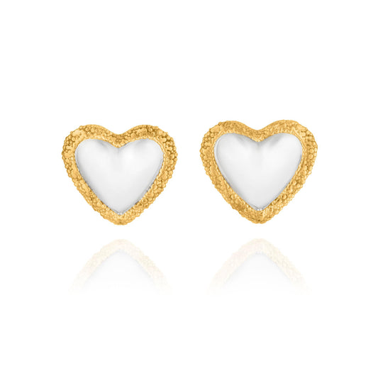 Artisan two-tone heart earrings by Rawan Kanan, polished 925 sterling silver with 1-micron 14K gold-plated granulated border.