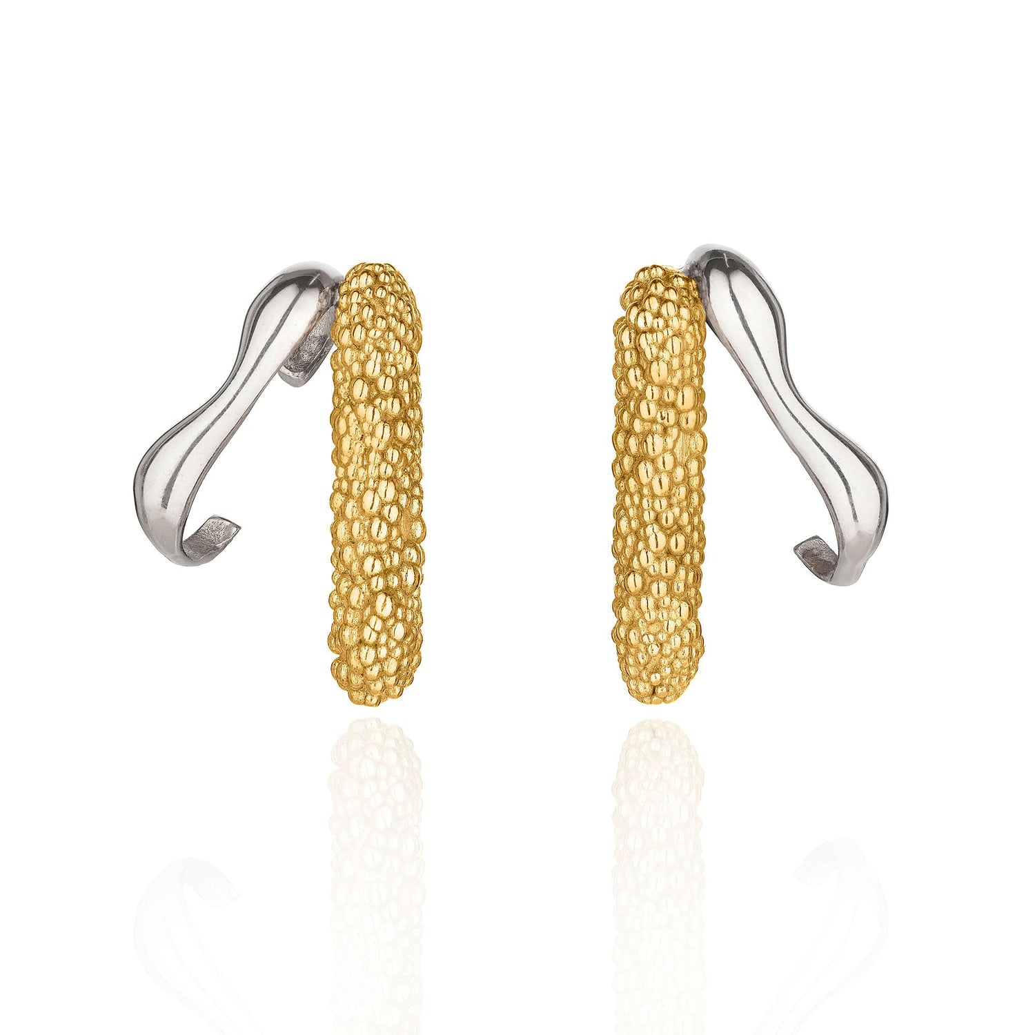 Artisan two-tone ear crawlers by Rawan Kanan, handcrafted in 925 sterling silver with a 1-micron 14K gold-plated granulated finish.