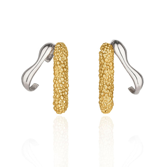 Artisan two-tone ear crawlers by Rawan Kanan, handcrafted in 925 sterling silver with a 1-micron 14K gold-plated granulated finish.
