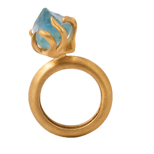 Artisan raw fluorite crystal ring by Rawan Kanan, handcrafted with a 1-micron 14K gold plated over 925 sterling silver sculptural setting.