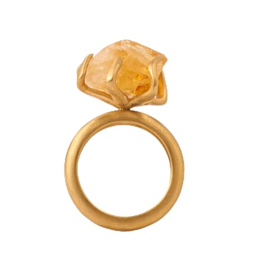 Artisan raw citrine crystal ring by Rawan Kanan, handcrafted with 1-micron 14K gold over 925 sterling silver organic setting.