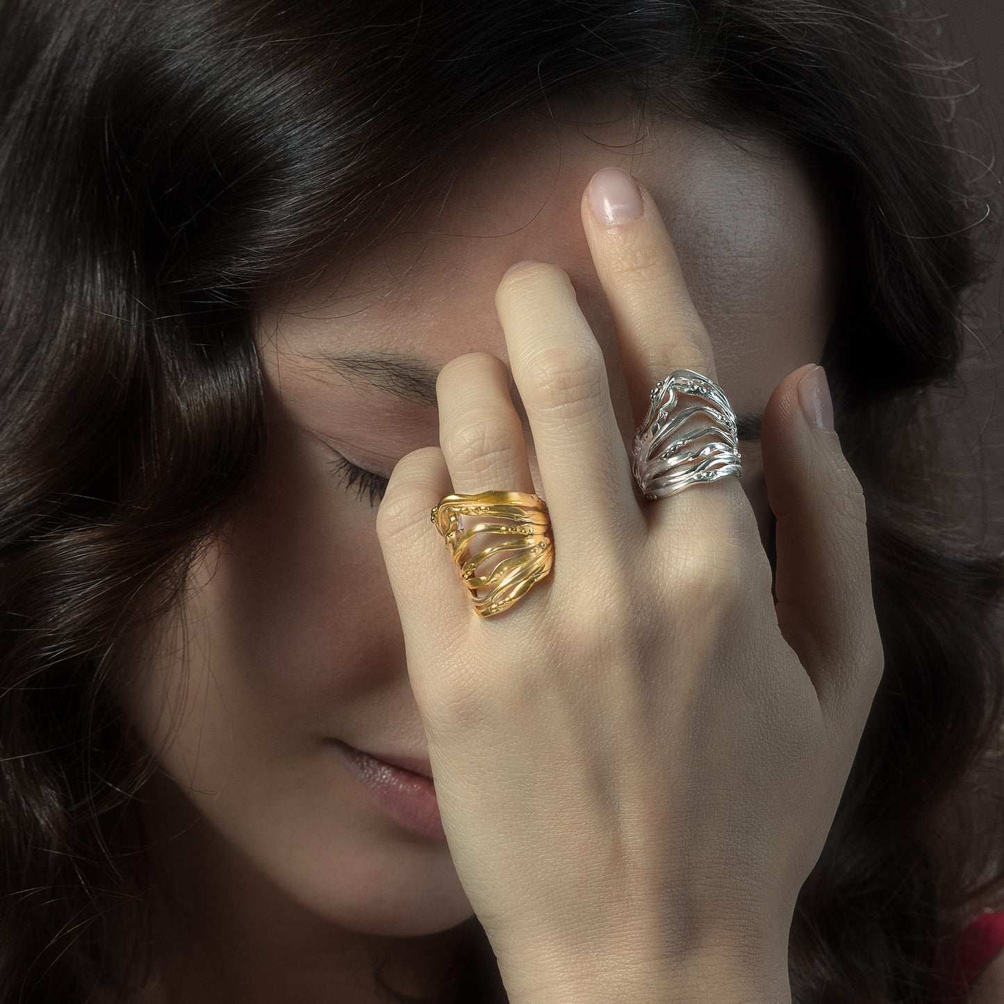 Handcrafted Sculptural Wave Ring in Gold Plated -silver Finish - Luxury Statement Jewelry